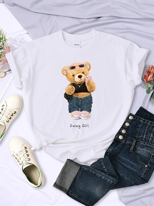 Street Teddy Bear Selfie Swag Girl Funny Printed T-Shirts Women Personality Hip Hop Short Sleeve Summer Breathable Tee Clothing