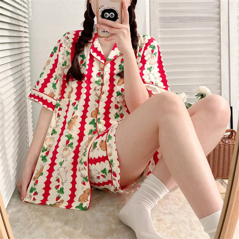 Korean Cartoon Cats Print Short Pajamas for Women Y2k 2024 New Fashion Casual Female Lounges Simulated Silk Lady House Clothing