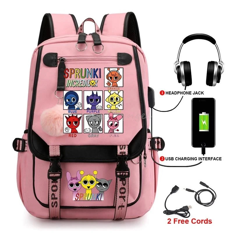 Hot Fashion New Sprunki USB Charging Bookbag Women Back Pack Laptop School Bags for Teenage Girls Boys Schoolbag Best Gift