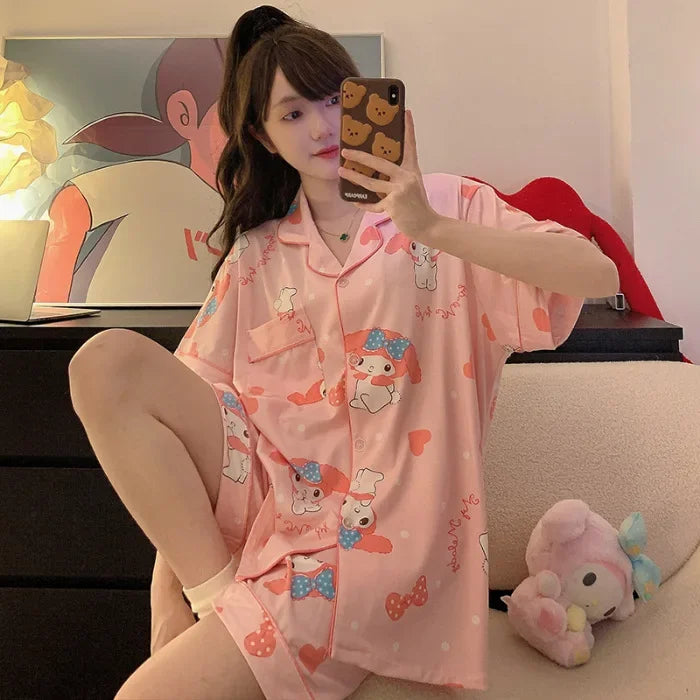 150kg Plus Size Ins Cartoon Pajamas Set Korean Student Summer Internet Celebrity Girl Short Sleeve Shorts Thin Loose Homewear