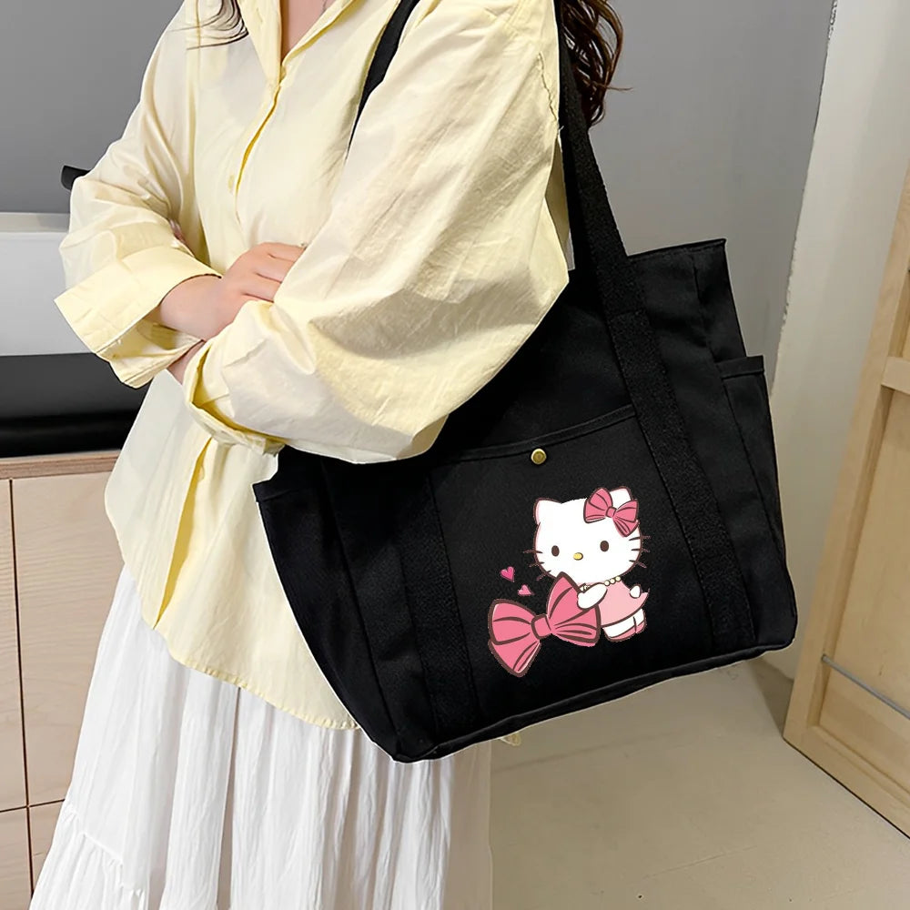 Hello Kitty Large Capacity Canvas Tote Bags Work Commuting Carrying Bag College Style Student Outfit Book Shoulder Shopping Bag