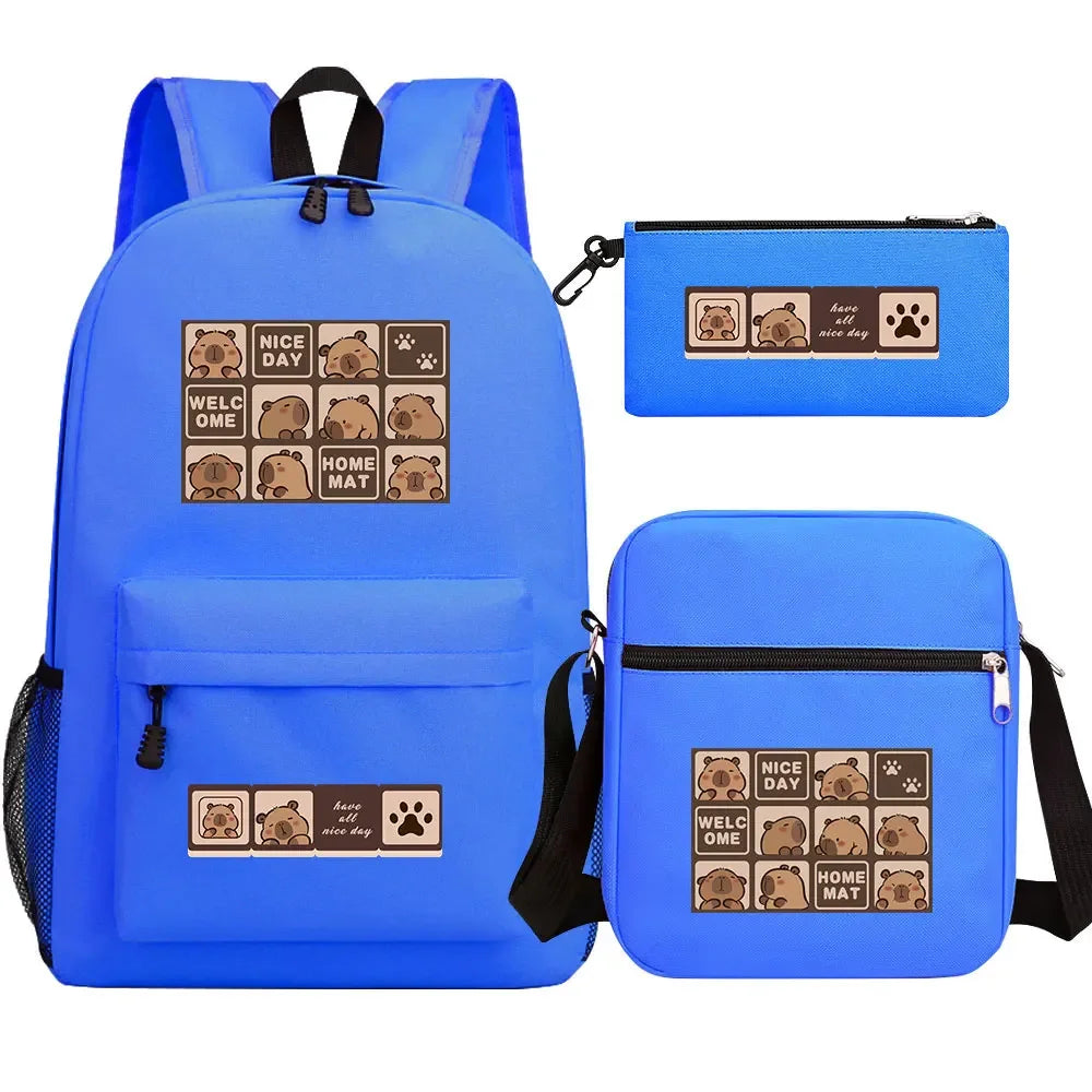 Cute Capybara 3Pcs Boy Girl Kids Back To School Book Bags Travel Student Backpack Shoulder Bag Pen Bags For Men Women