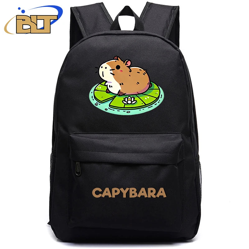 Cute Animal Capybara Print Black Backpack Teenager Student Schoolbag Boys Girls Gift