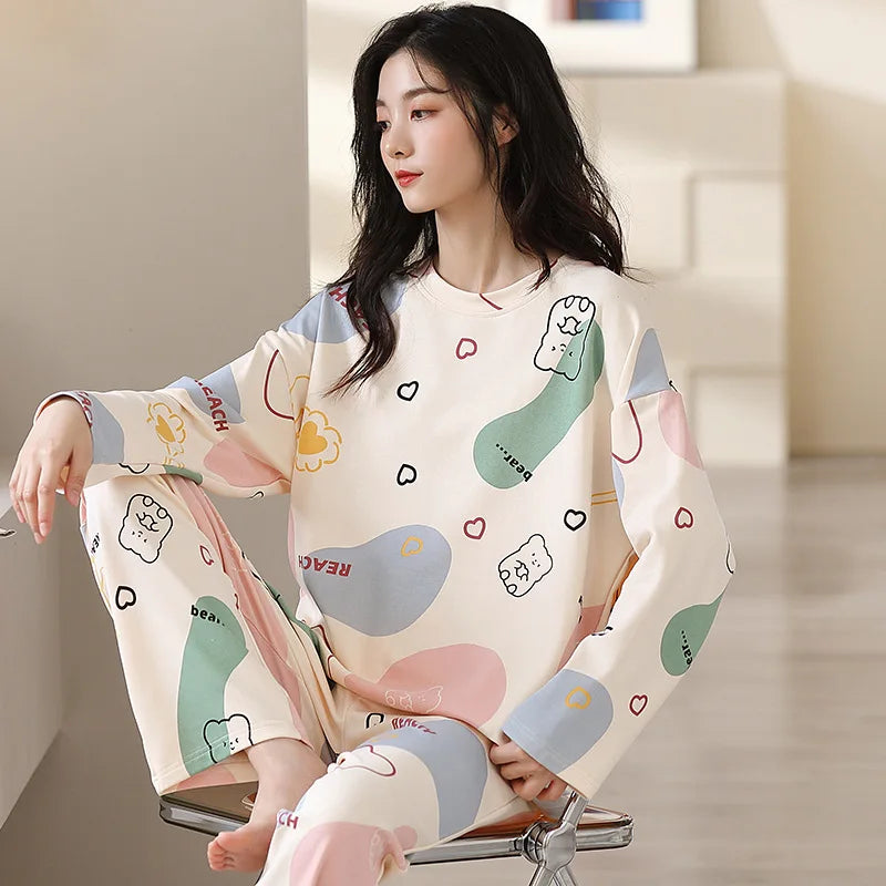 Women's Nightwear Plus Size Cartoon Bear Student Pajamas Homewear Ladies Long Sleeves Plaid Long Trousers Sleepwear Loungewear