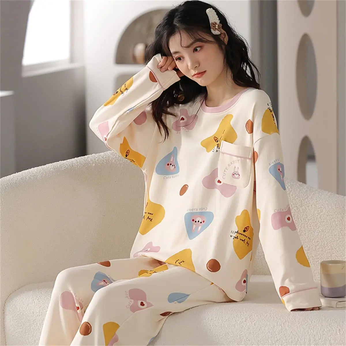 Women's Nightwear Plus Size Cartoon Bear Student Pajamas Homewear Ladies Long Sleeves Plaid Long Trousers Sleepwear Loungewear