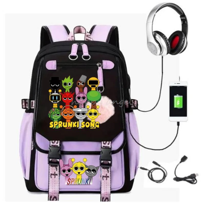 Hot Fashion New Sprunki USB Charging Bookbag Women Back Pack Laptop School Bags for Teenage Girls Boys Schoolbag Best Gift