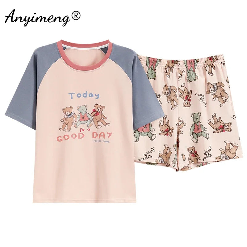 M-4XL 100% Pure Cotton Pajamas for Women Summer Cartoon Print Sleepwear Plus Size Girl Pijamas Short Sleeve Woman Loungewear