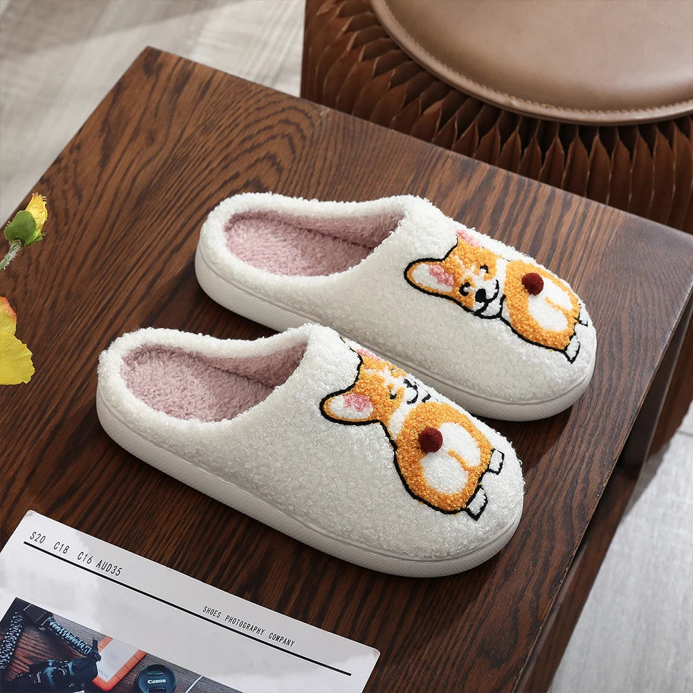 Plush Dog Slippers Closed Toe Slippers Anti Slip Cartoon Animal Slippers Comfortable Thermal Corgi Slippers for Indoor Bedroom