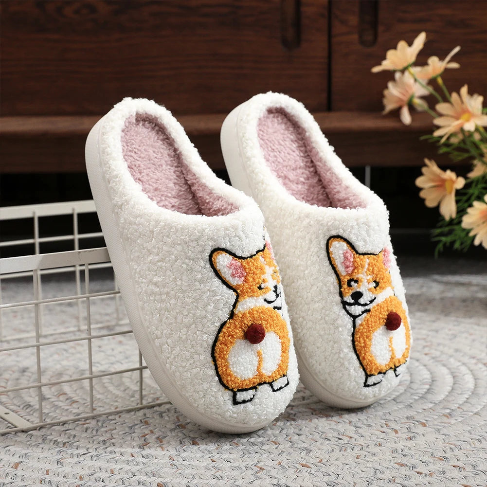 Plush Dog Slippers Closed Toe Slippers Anti Slip Cartoon Animal Slippers Comfortable Thermal Corgi Slippers for Indoor Bedroom