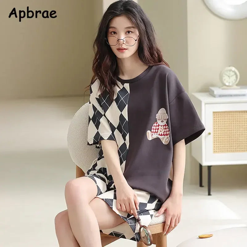 100% Cotton Pajamas for Women Short Sleeved High Quality Pijamas Loose Size Summer Pyjamas Cute Bear Print Women's Nightwear