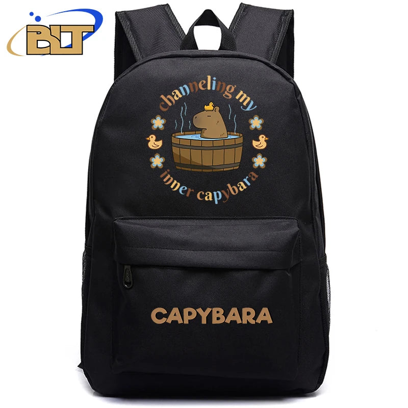 Cute Animal Capybara Print Black Backpack Teenager Student Schoolbag Boys Girls Gift