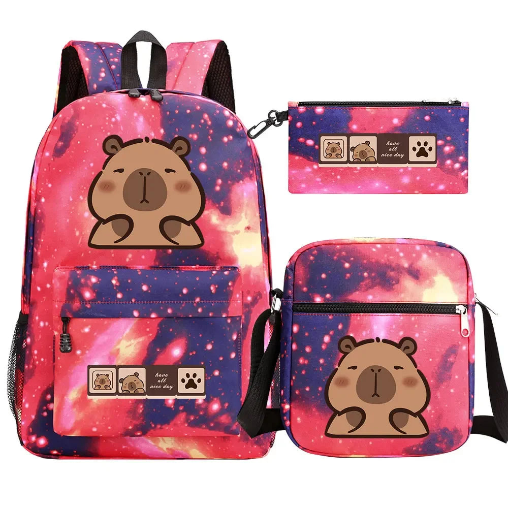 Cute Capybara 3Pcs Boy Girl Kids Back To School Book Bags Travel Student Backpack Shoulder Bag Pen Bags For Men Women