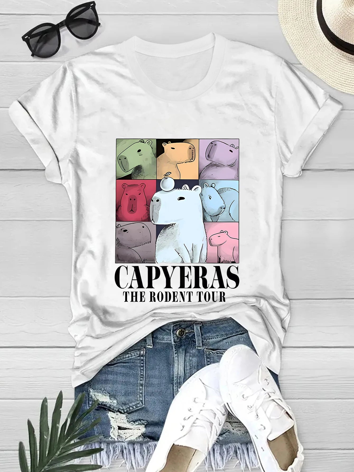 Capyeras funny cute Capybara color concert tour cute animal print women's casual short-sleeved crewneck T-shirt