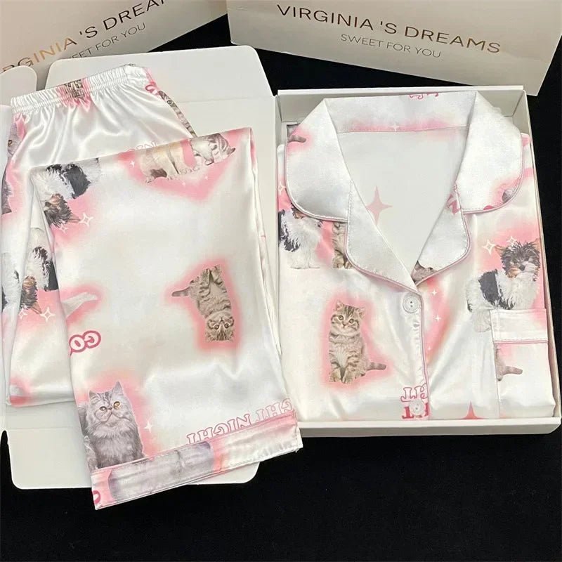 Cute Cat Print Pjs Satin Silk Sleepwear Long Sleeves Fashion Pyjamas Spring Summer New Pajamas for Women Lapel Home Wear