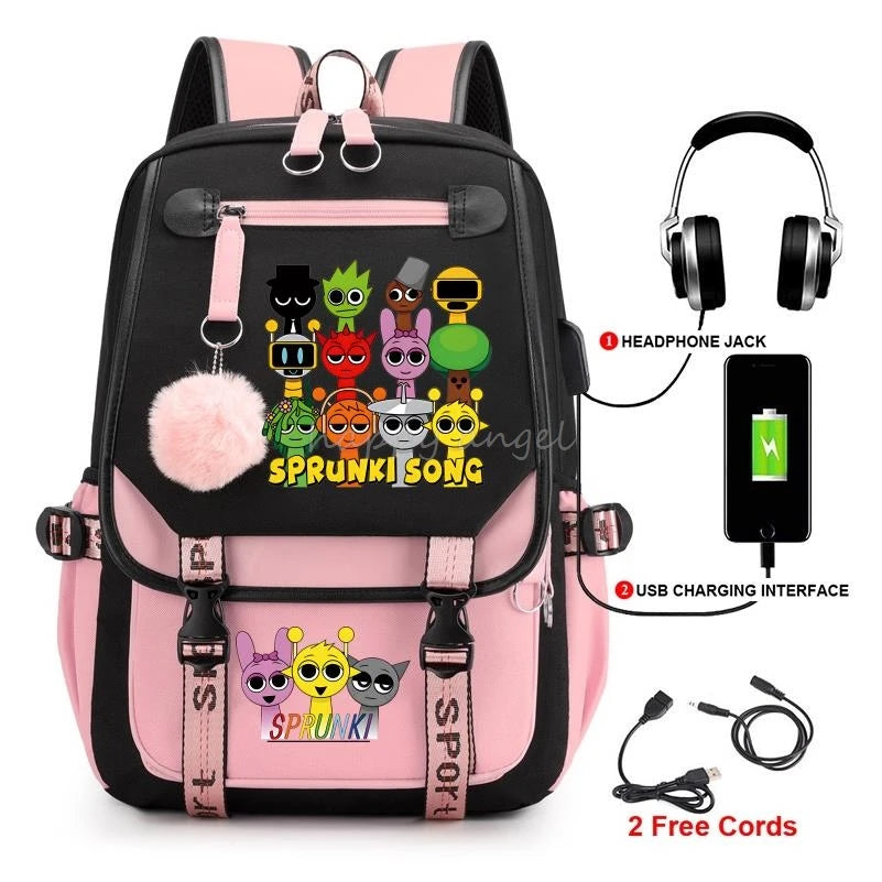 Hot Fashion New Sprunki USB Charging Bookbag Women Back Pack Laptop School Bags for Teenage Girls Boys Schoolbag Best Gift