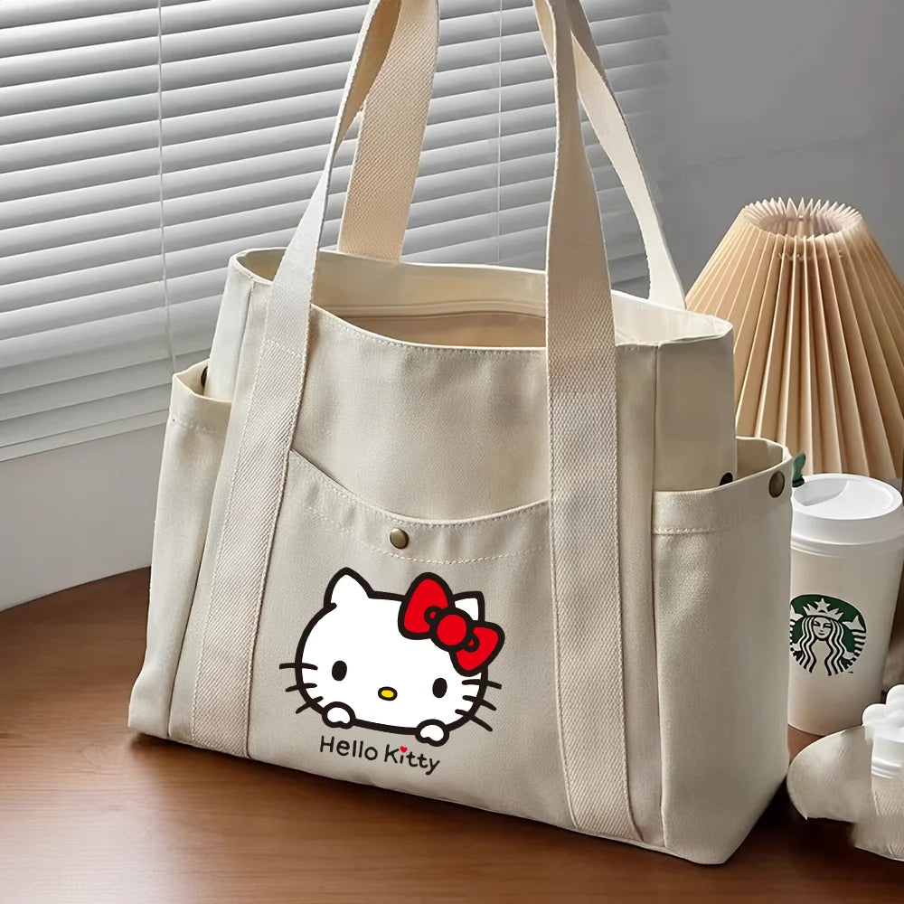 Hello Kitty Large Capacity Canvas Tote Bags Work Commuting Carrying Bag College Style Student Outfit Book Shoulder Shopping Bag