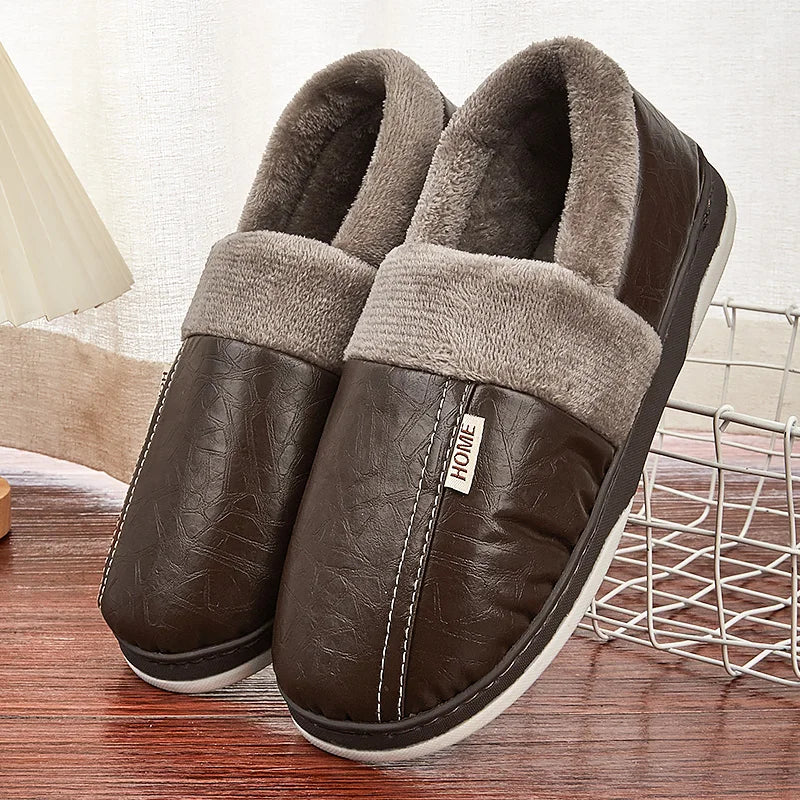 Men's Home Winter Slippers Home Warm Shoes Thick Bottom Plush Waterproof PU Leather Home Couples Cotton Flat Couple Shoes