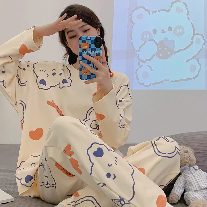 Women's Nightwear Plus Size Cartoon Bear Student Pajamas Homewear Ladies Long Sleeves Plaid Long Trousers Sleepwear Loungewear