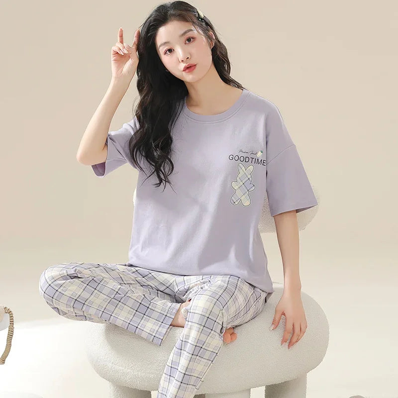 New Pajama Cartoon Cotton Pajamas for Women Summer Short Sleeved Long Pants Sleepwear Korean Fashion Rabbit Print Home Clothing