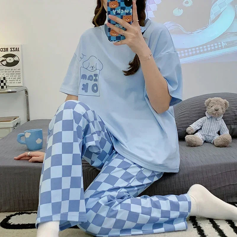 New Pajama Cartoon Cotton Pajamas for Women Summer Short Sleeved Long Pants Sleepwear Korean Fashion Rabbit Print Home Clothing