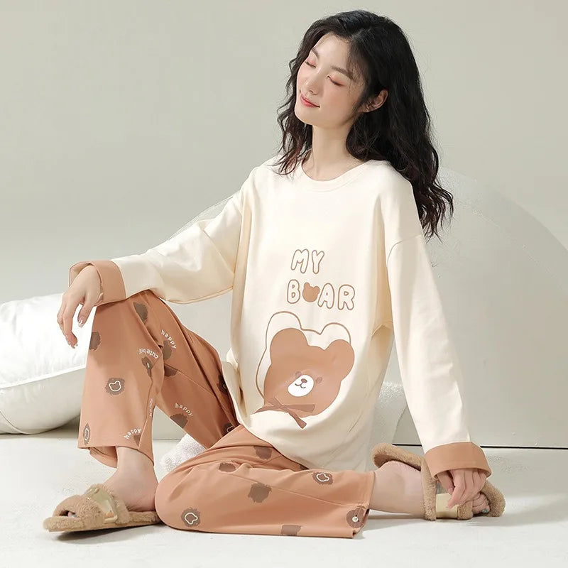 Women's Nightwear Plus Size Cartoon Bear Student Pajamas Homewear Ladies Long Sleeves Plaid Long Trousers Sleepwear Loungewear