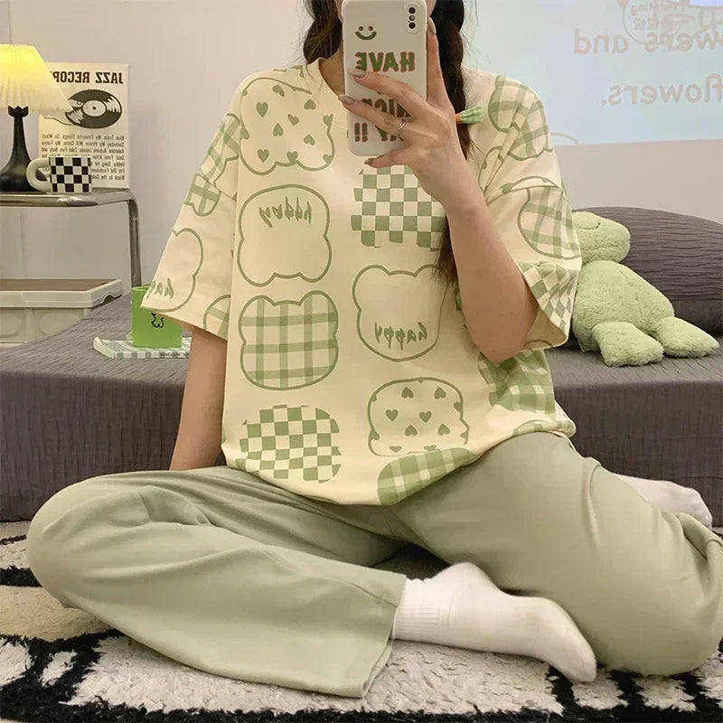 Spring Summer Women Pajamas Soft Cotton Cute Rabbit Print Pijamas Short Sleeved Plaid Pants Sleepwear Fashion Home Wear