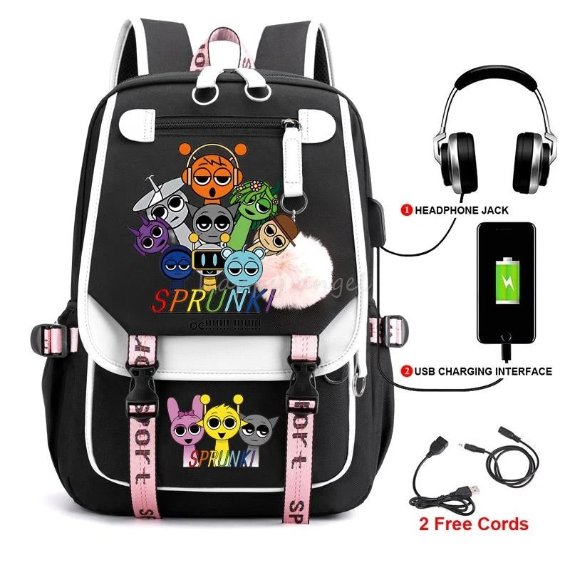 Hot Fashion New Sprunki USB Charging Bookbag Women Back Pack Laptop School Bags for Teenage Girls Boys Schoolbag Best Gift