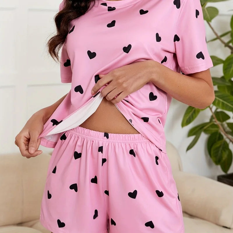 2025 Summer New Women's Pajamas Homewear Set Girls Short-Sleeved Shorts Love Print Knitted Fashion Soft Pajamas Homewear