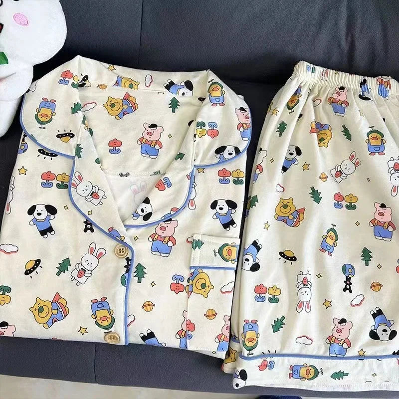 150kg Plus Size Ins Cartoon Pajamas Set Korean Student Summer Internet Celebrity Girl Short Sleeve Shorts Thin Loose Homewear