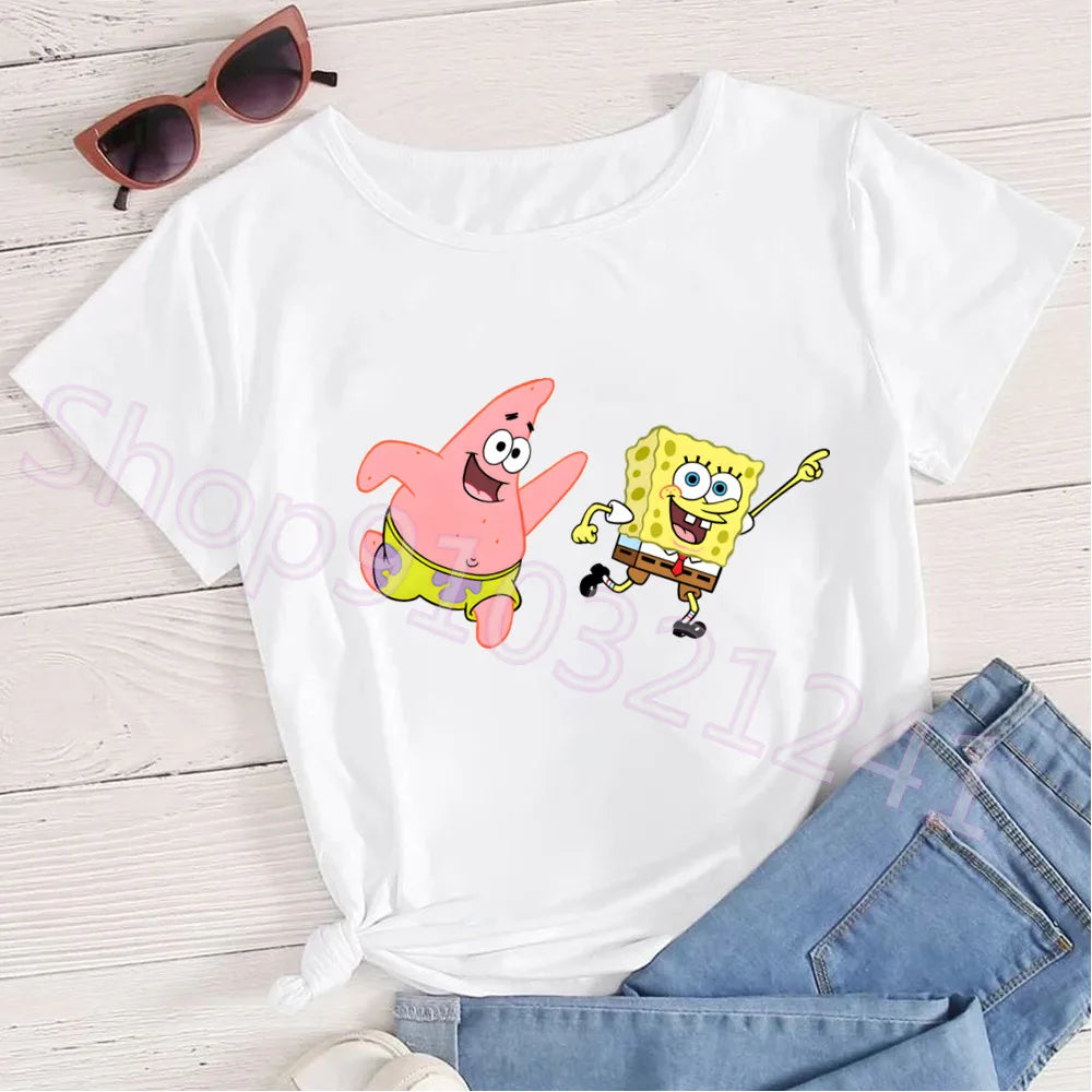 Summer Cartoon Spongebob T Shirt O-Neck Aesthetics TShirt Print Casual Short Sleeve Streetwear Harajuku Women Top Clothes