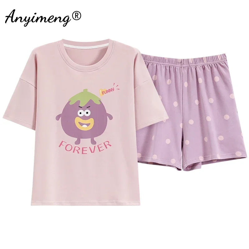 M-4XL 100% Pure Cotton Pajamas for Women Summer Cartoon Print Sleepwear Plus Size Girl Pijamas Short Sleeve Woman Loungewear