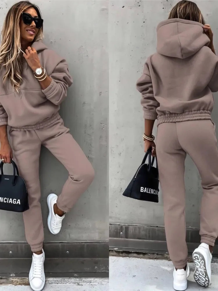 Autumn Winter New Solid Color Long Sleeve Hoodie Women's Casual Suit Fashion Loose Sports Hoodie + Small Foot Pants 2 Piece Set