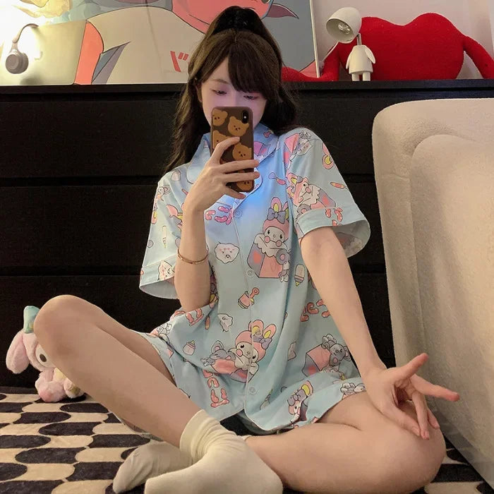 150kg Plus Size Ins Cartoon Pajamas Set Korean Student Summer Internet Celebrity Girl Short Sleeve Shorts Thin Loose Homewear