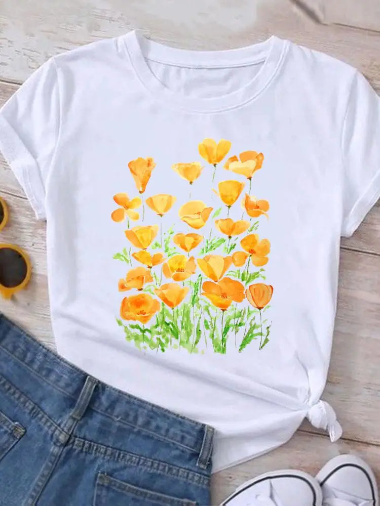 Graphic T Shirt Casual Clothing Summer Short Sleeve Cute Lovely Sweet Flower Women Print Fashion Clothes Tee T-shirt Female Top