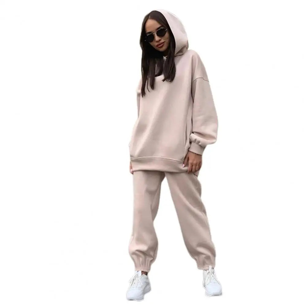 Trendy Lady Hoodie Pants Set Sporty Winter Hoodie Pants Set Elastic Waist Deep Crotch Women Autumn Tracksuit Thermal