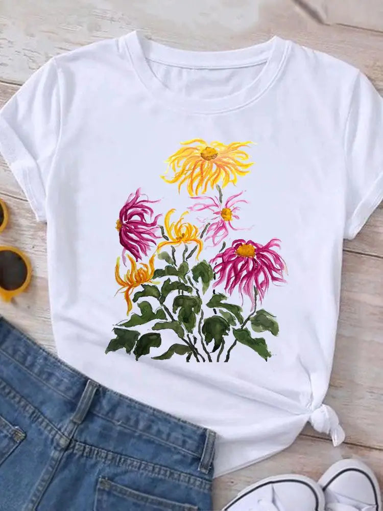 Graphic T Shirt Casual Clothing Summer Short Sleeve Cute Lovely Sweet Flower Women Print Fashion Clothes Tee T-shirt Female Top