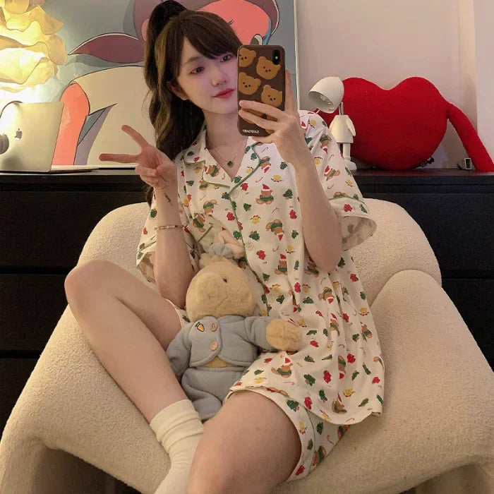 150kg Plus Size Ins Cartoon Pajamas Set Korean Student Summer Internet Celebrity Girl Short Sleeve Shorts Thin Loose Homewear