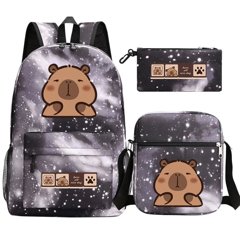 Cute Capybara 3Pcs Boy Girl Kids Back To School Book Bags Travel Student Backpack Shoulder Bag Pen Bags For Men Women