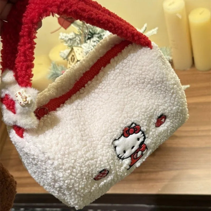 2025 New Cute Hello Kitty Lamb Hair Handbag Girly Heart Large Capacity Embroidered Bucket Bag Portable Cosmetic Bag Storage Bag