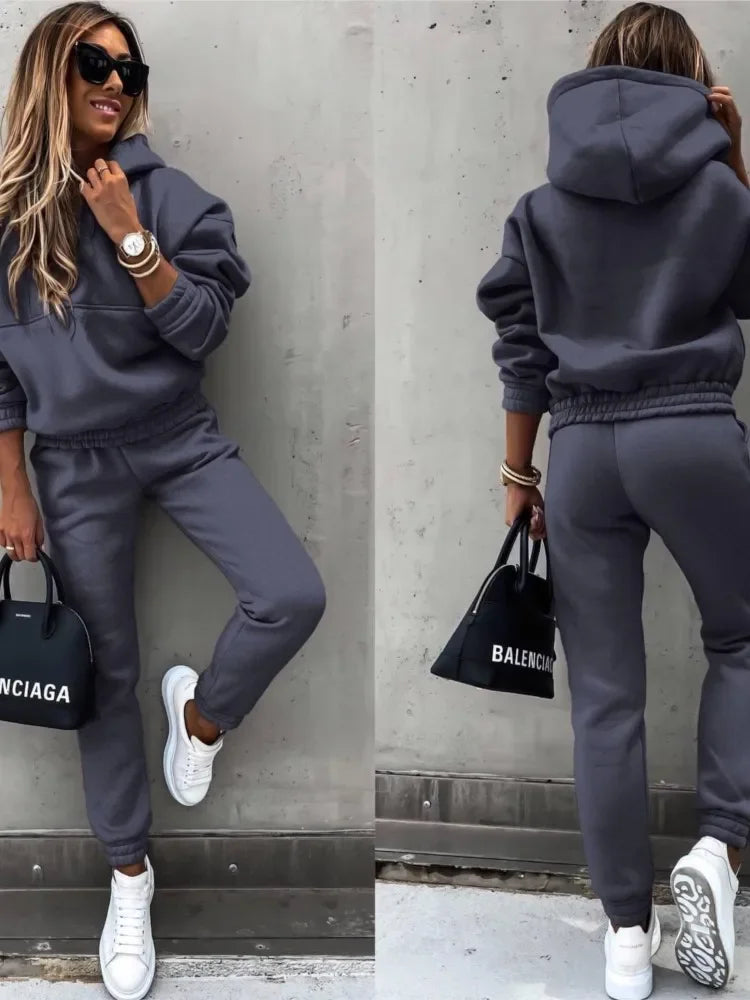 Autumn Winter New Solid Color Long Sleeve Hoodie Women's Casual Suit Fashion Loose Sports Hoodie + Small Foot Pants 2 Piece Set