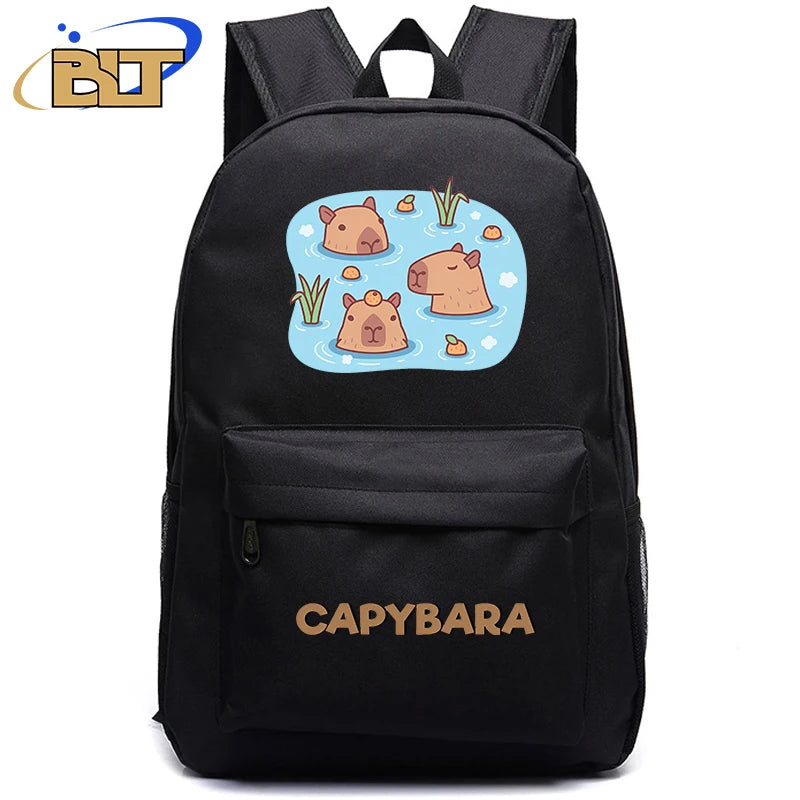 Cute Animal Capybara Print Black Backpack Teenager Student Schoolbag Boys Girls Gift