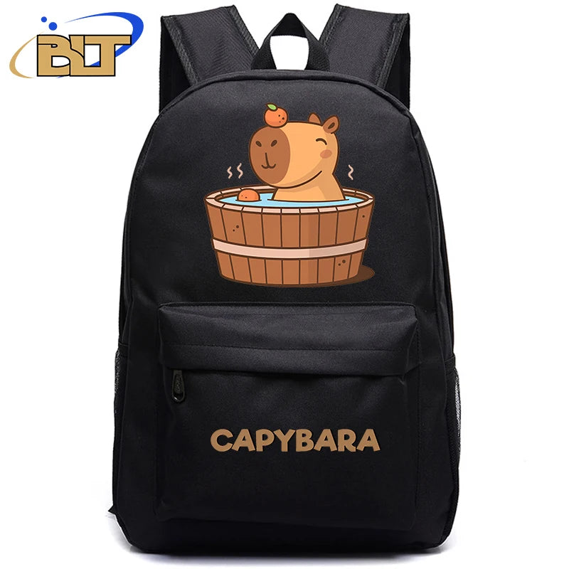 Cute Animal Capybara Print Black Backpack Teenager Student Schoolbag Boys Girls Gift