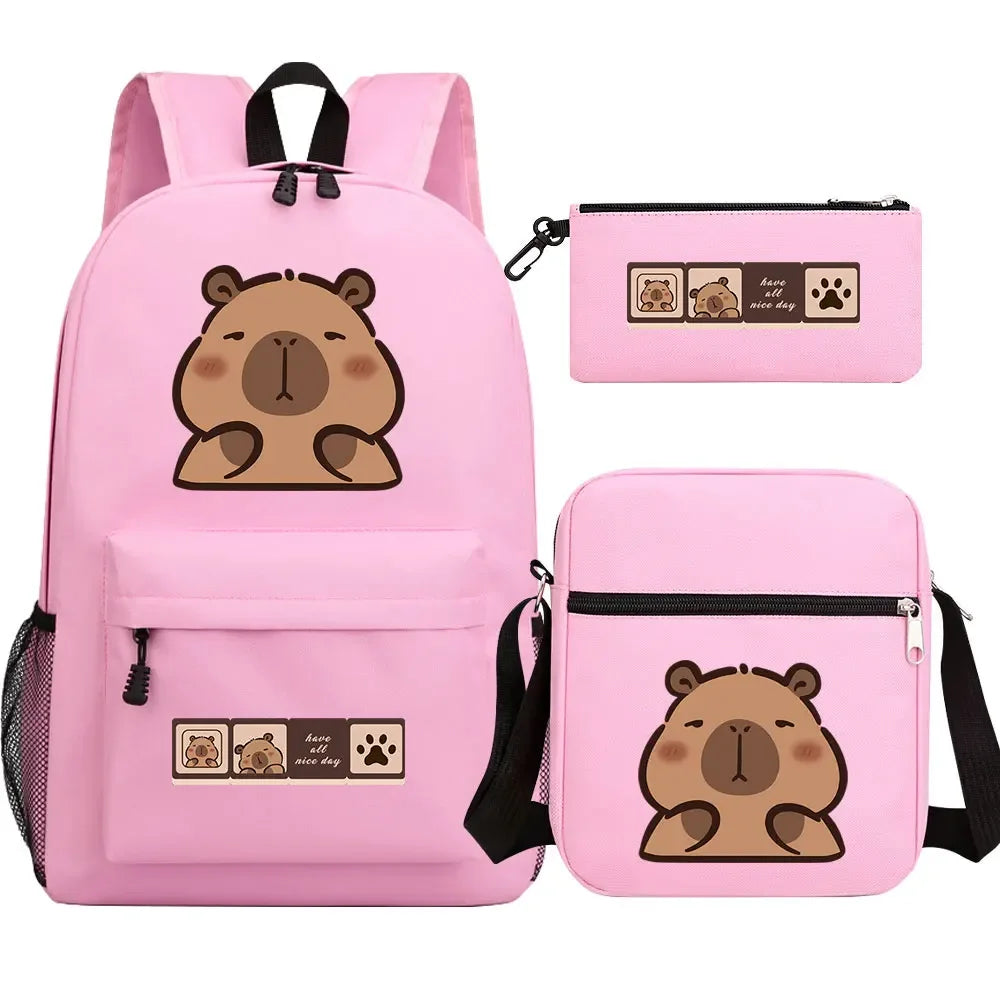 Cute Capybara 3Pcs Boy Girl Kids Back To School Book Bags Travel Student Backpack Shoulder Bag Pen Bags For Men Women