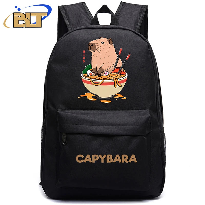 Cute Animal Capybara Print Black Backpack Teenager Student Schoolbag Boys Girls Gift