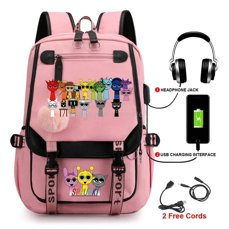 Hot Fashion New Sprunki USB Charging Bookbag Women Back Pack Laptop School Bags for Teenage Girls Boys Schoolbag Best Gift