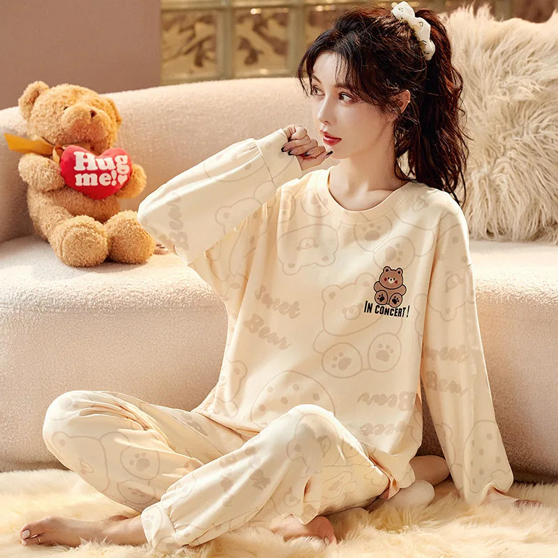 Women's Nightwear Plus Size Cartoon Bear Student Pajamas Homewear Ladies Long Sleeves Plaid Long Trousers Sleepwear Loungewear