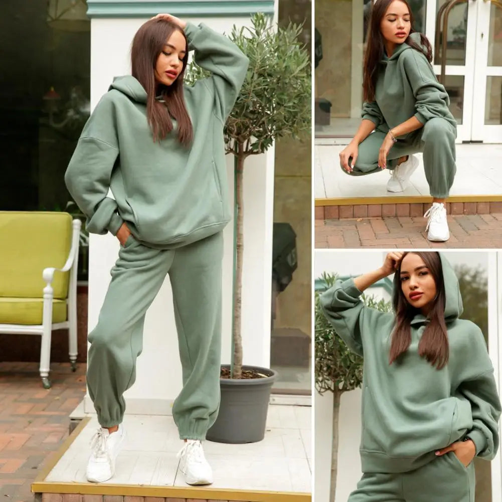 Trendy Lady Hoodie Pants Set Sporty Winter Hoodie Pants Set Elastic Waist Deep Crotch Women Autumn Tracksuit Thermal