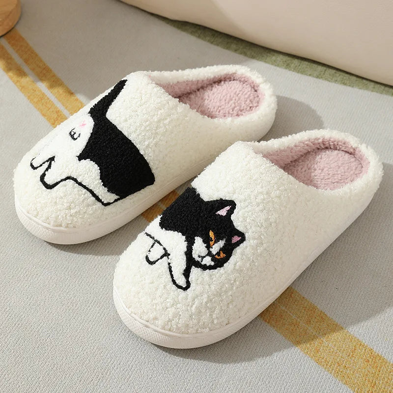 Cute Cartoon Cats Pattern Slippers Women Casual Soft Sole Plush Lined Home Shoes Woman Non-slip Comfort Warm Winter Slippers