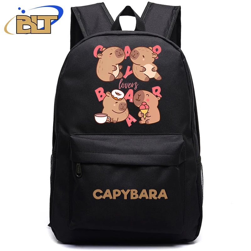 Cute Animal Capybara Print Black Backpack Teenager Student Schoolbag Boys Girls Gift