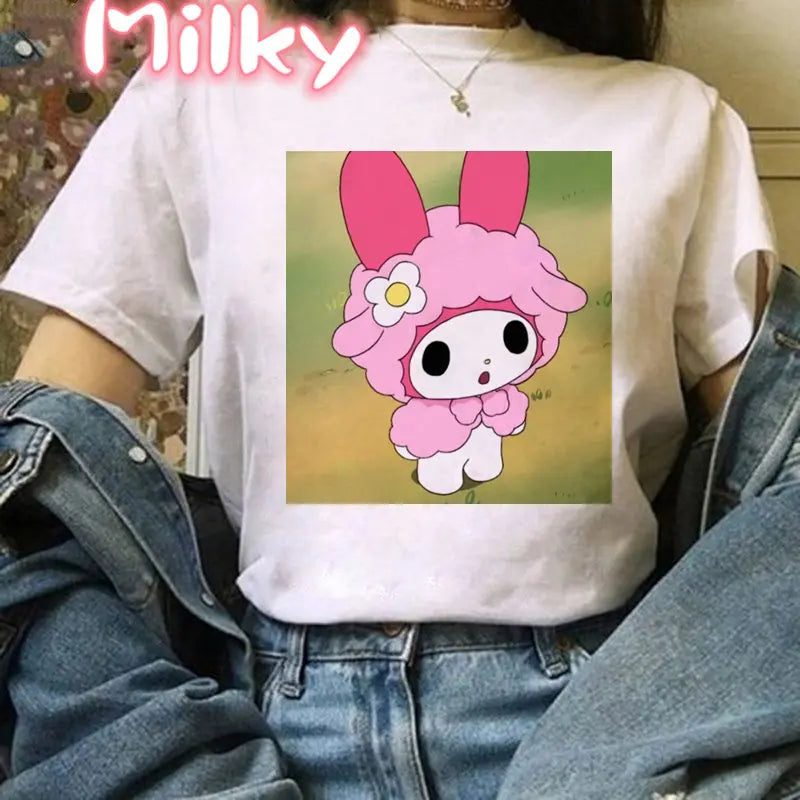 Kawaii My Melody T Shirt Oversized Kuromi Printed Cartoon T-shirts Streetwear Short Sleeve Cute Sweet Girl Tops Women Clothing